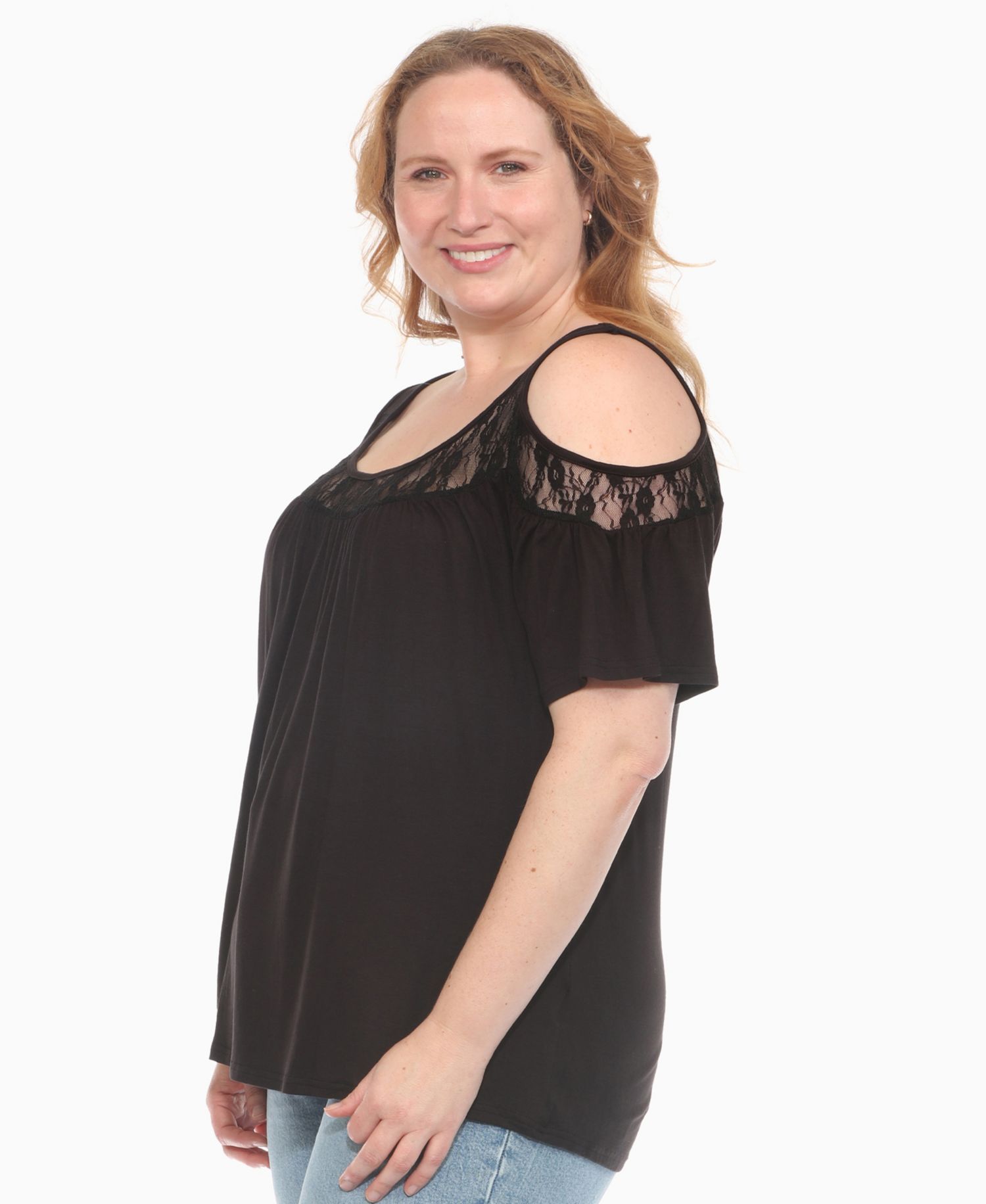 Plus Size Cold Shoulder Lace Trim Knit Top