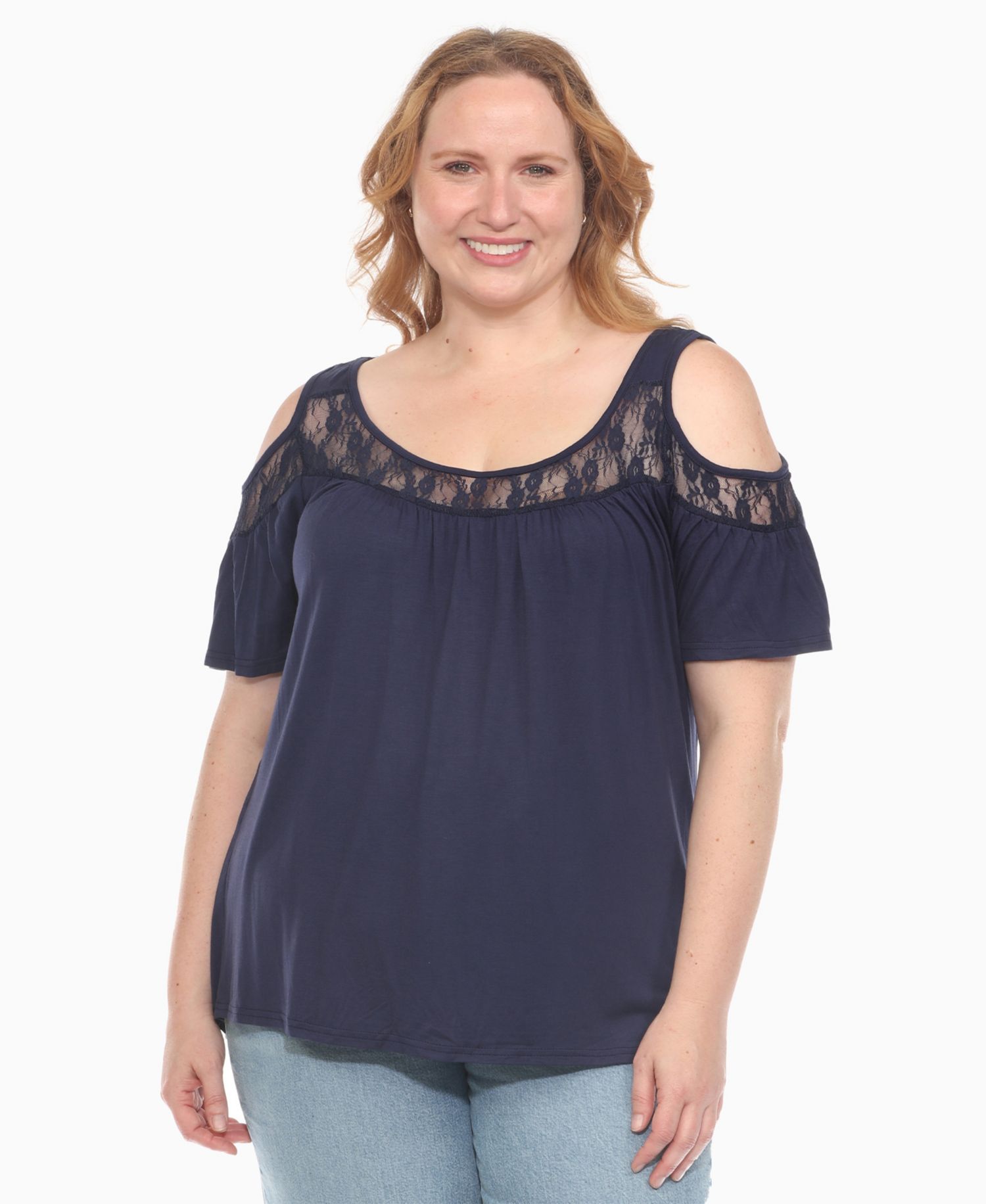 Plus Size Cold Shoulder Lace Trim Knit Top