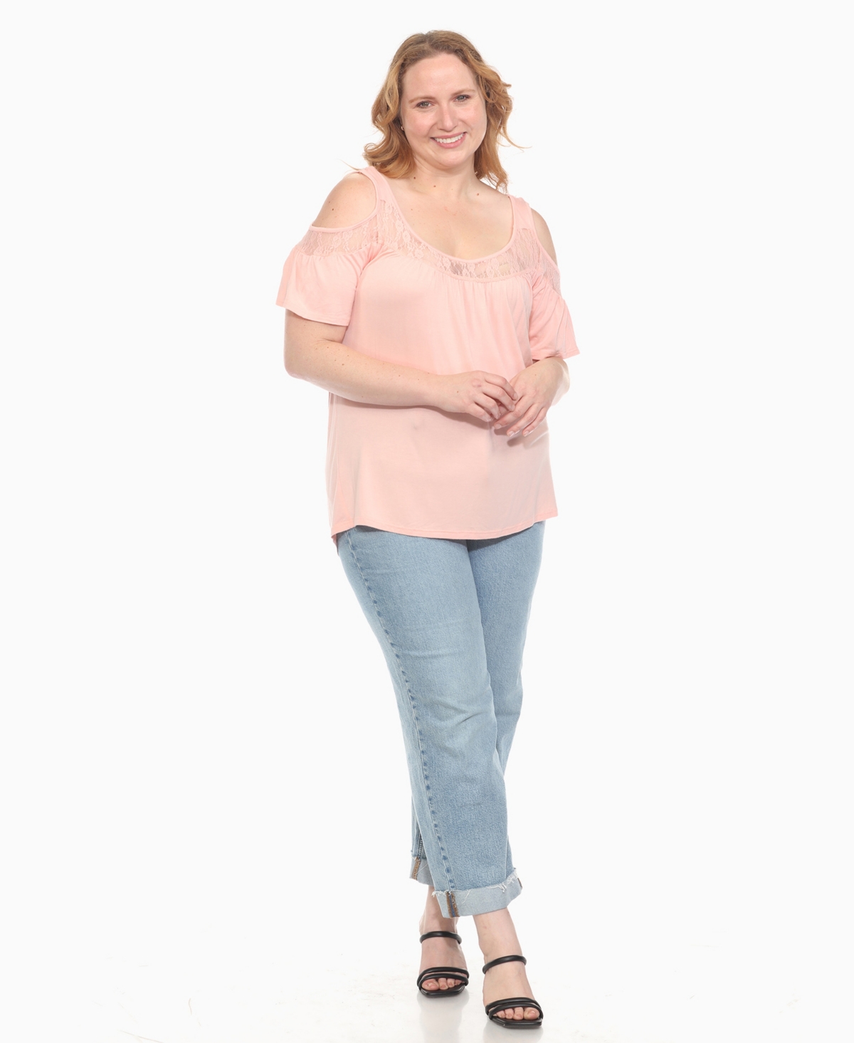 White Mark Plus Size Cold Shoulder Lace Trim Knit Top