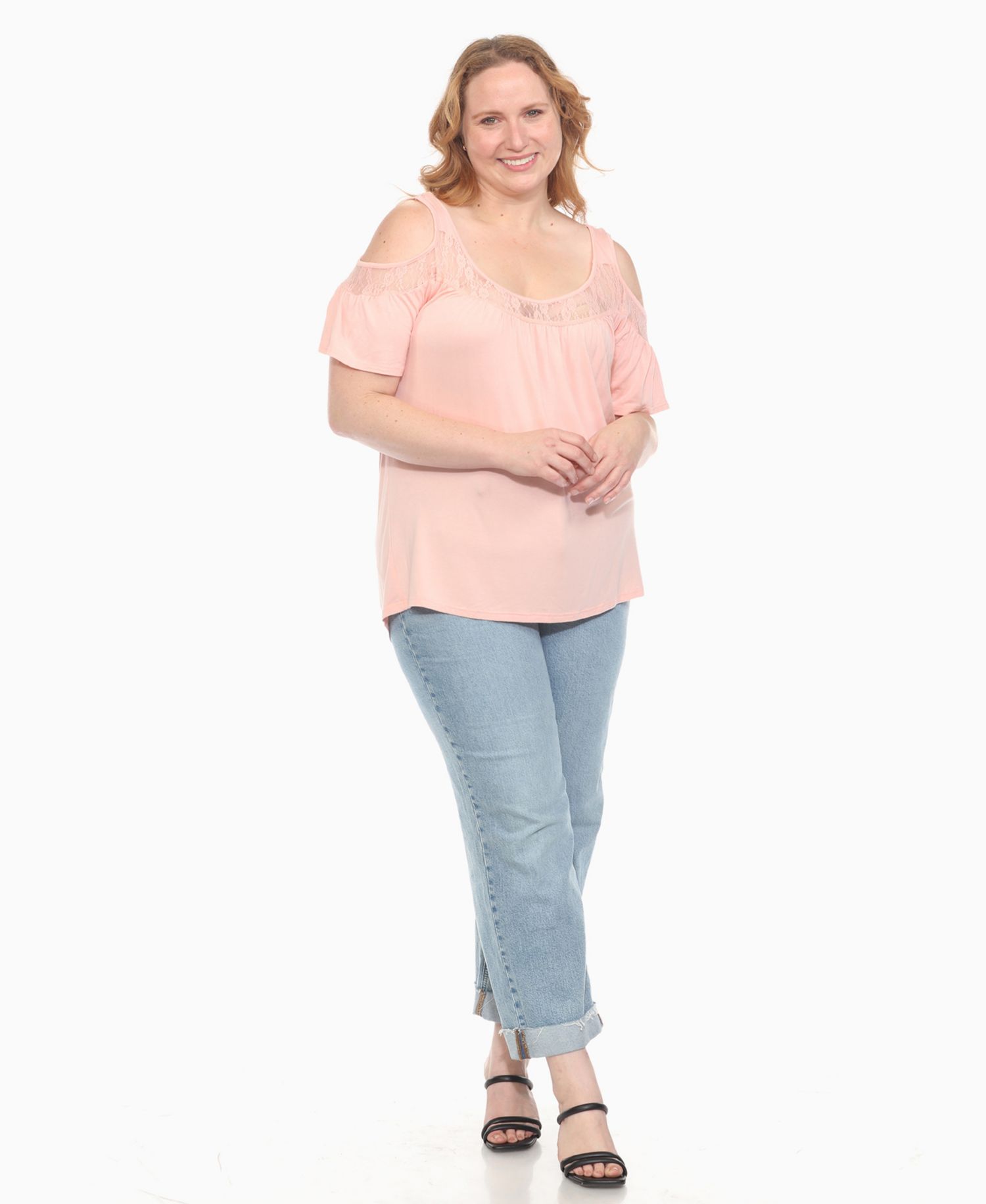 Plus Size Cold Shoulder Lace Trim Knit Top