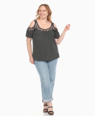Plus Size Cold Shoulder Lace Trim Knit Top