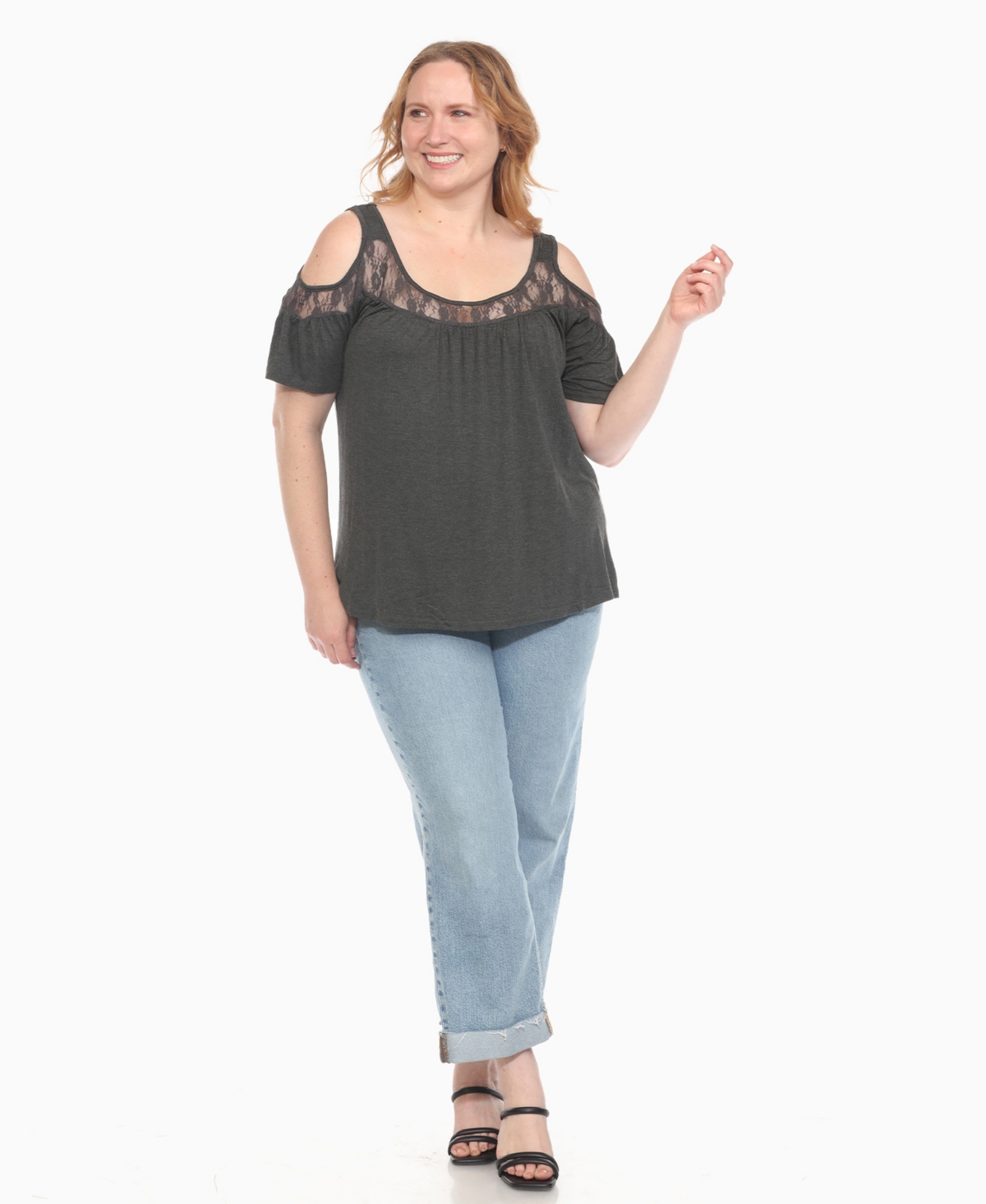 White Mark Plus Size Cold Shoulder Lace Trim Knit Top