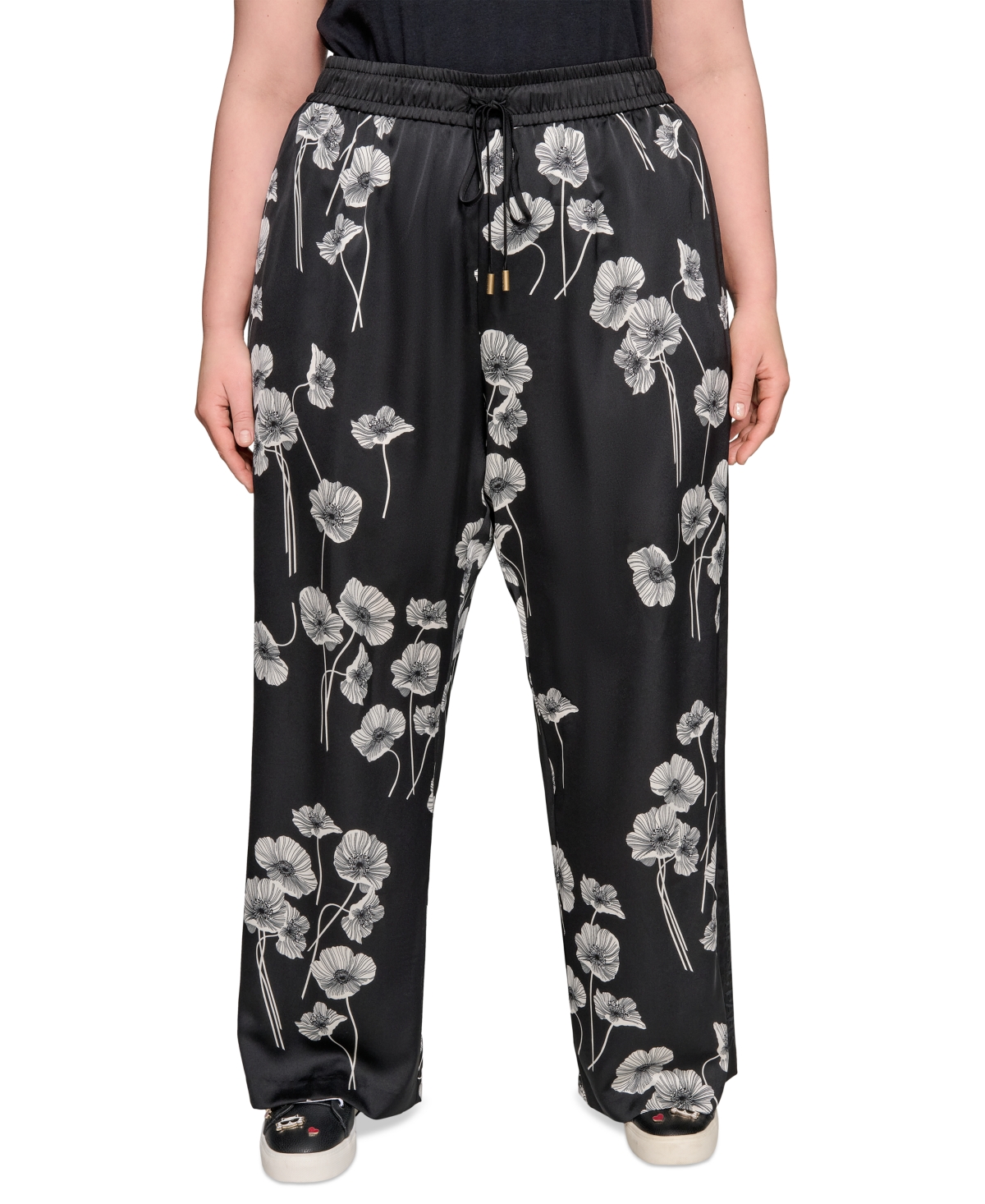 Plus Size Flower-Print Wide-Leg Pants - Black Cream