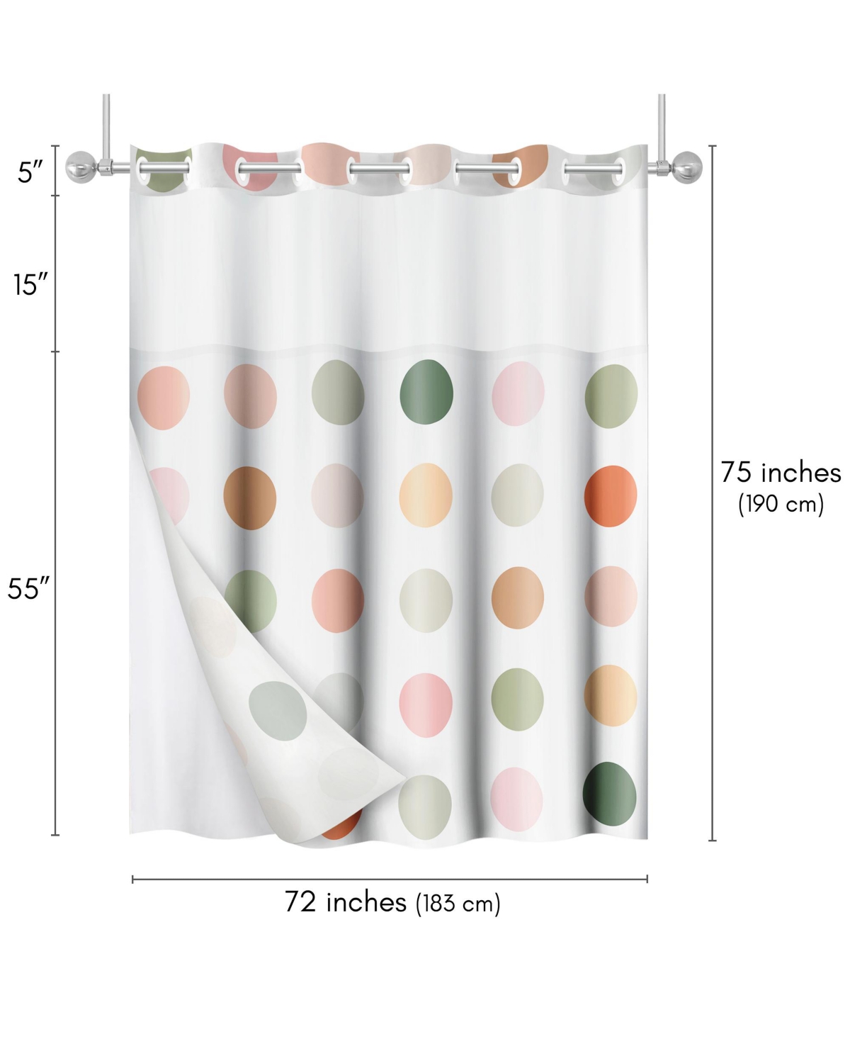 Americanflat 72x75 Hookless Shower Curtain - Polka Dot Green Orange Pink Shower Curtain with Sheer Panel, Snap-In Liner, and Grommets
