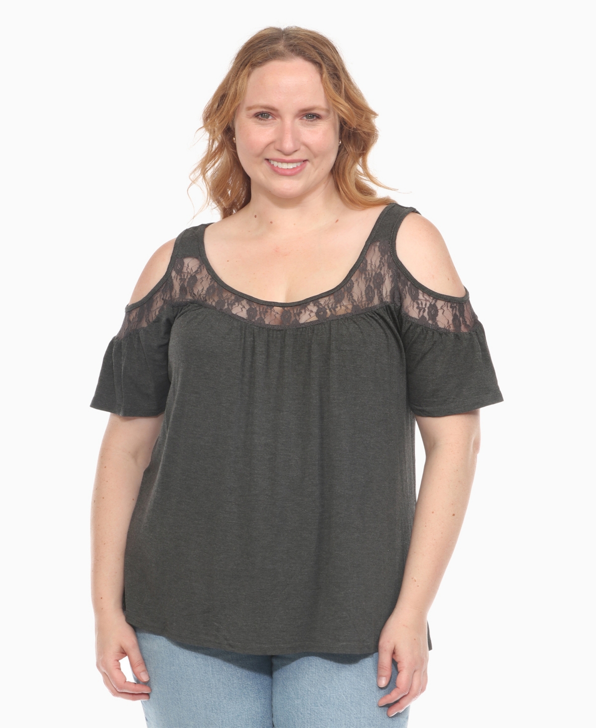 White Mark Plus Size Cold Shoulder Lace Trim Knit Top
