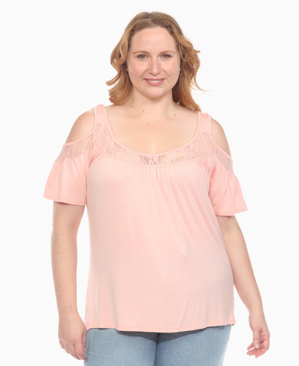 White Mark Plus Size Cold Shoulder Lace Trim Knit Top