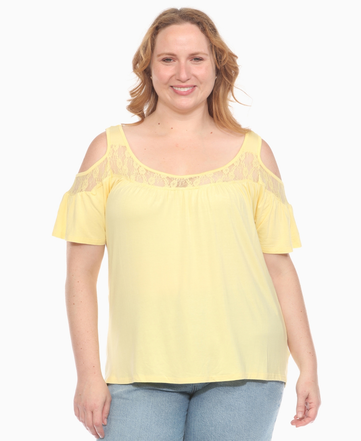 White Mark Plus Size Cold Shoulder Lace Trim Knit Top