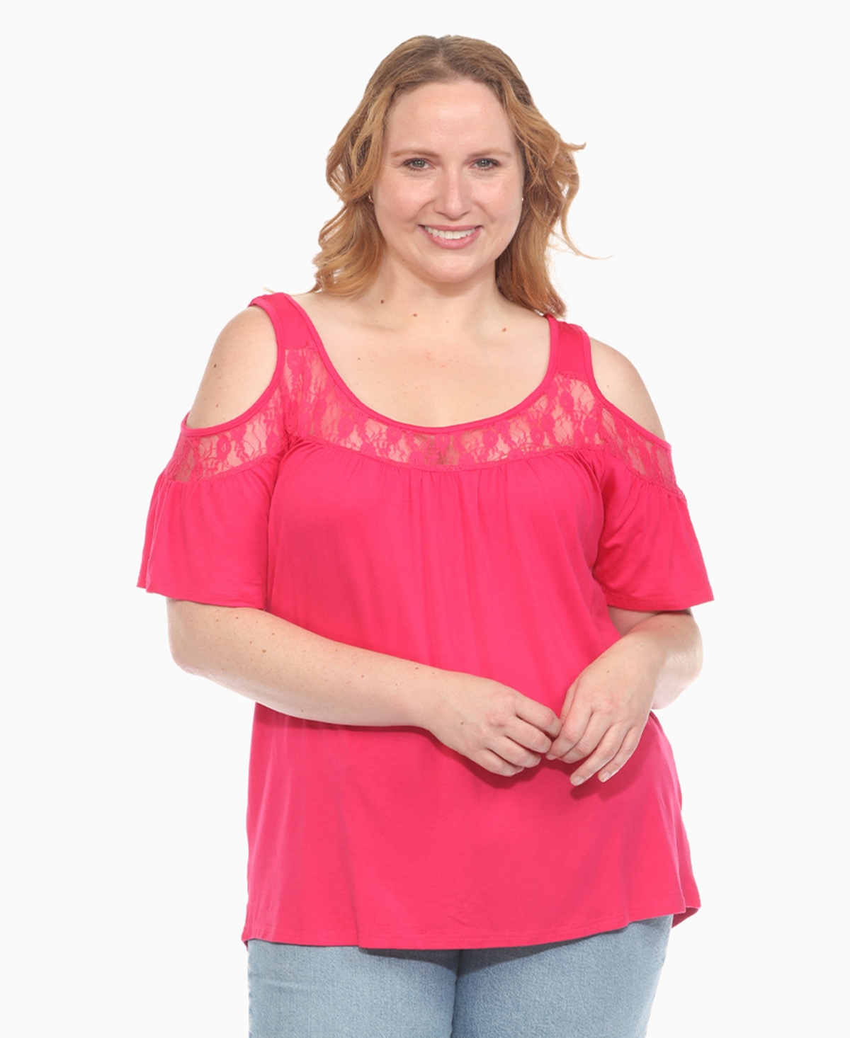 White Mark Plus Size Cold Shoulder Lace Trim Knit Top