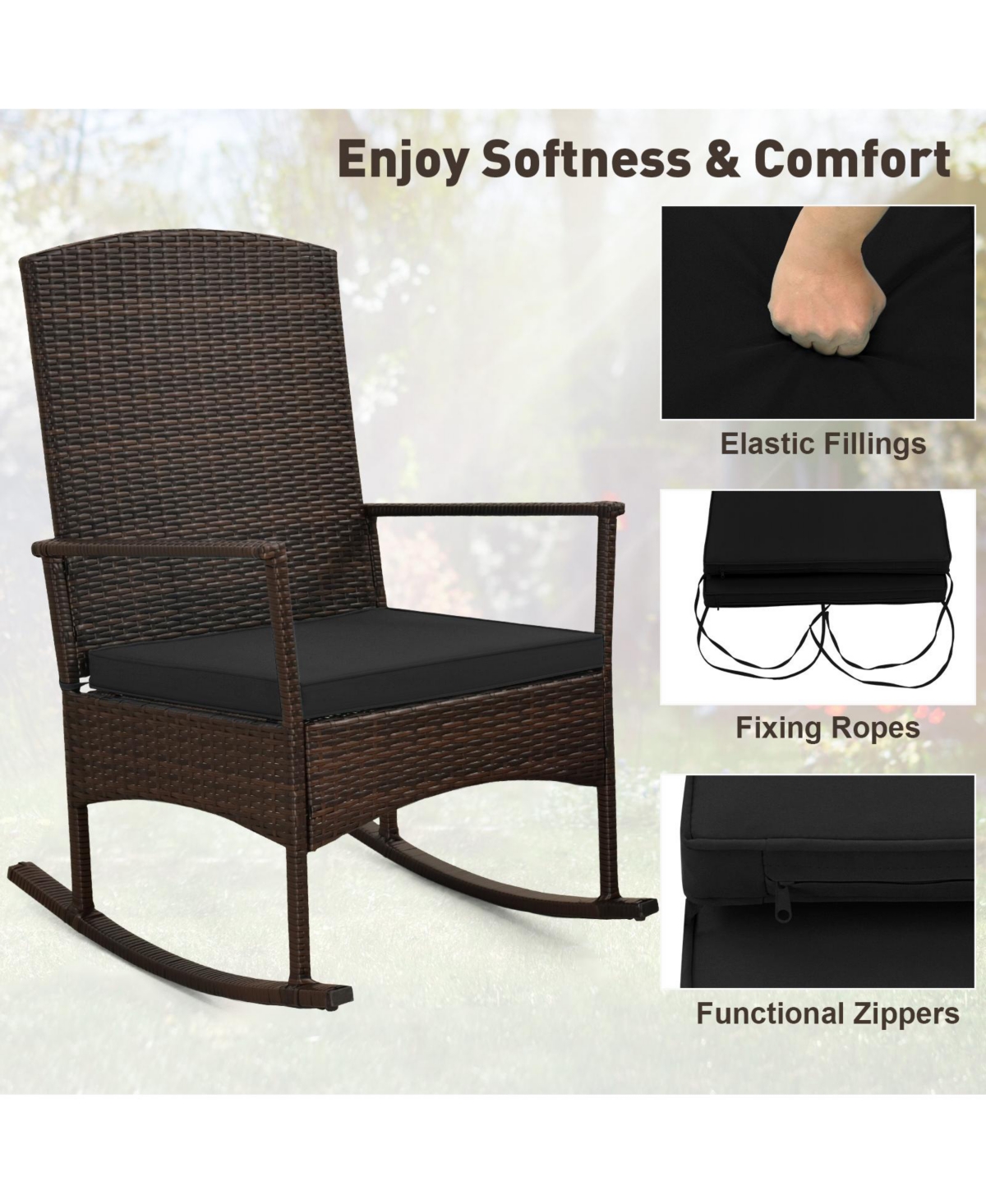 3 Piece Patio Rocking Set Wicker Rocking Chairs with 2-Tier Coffee Table