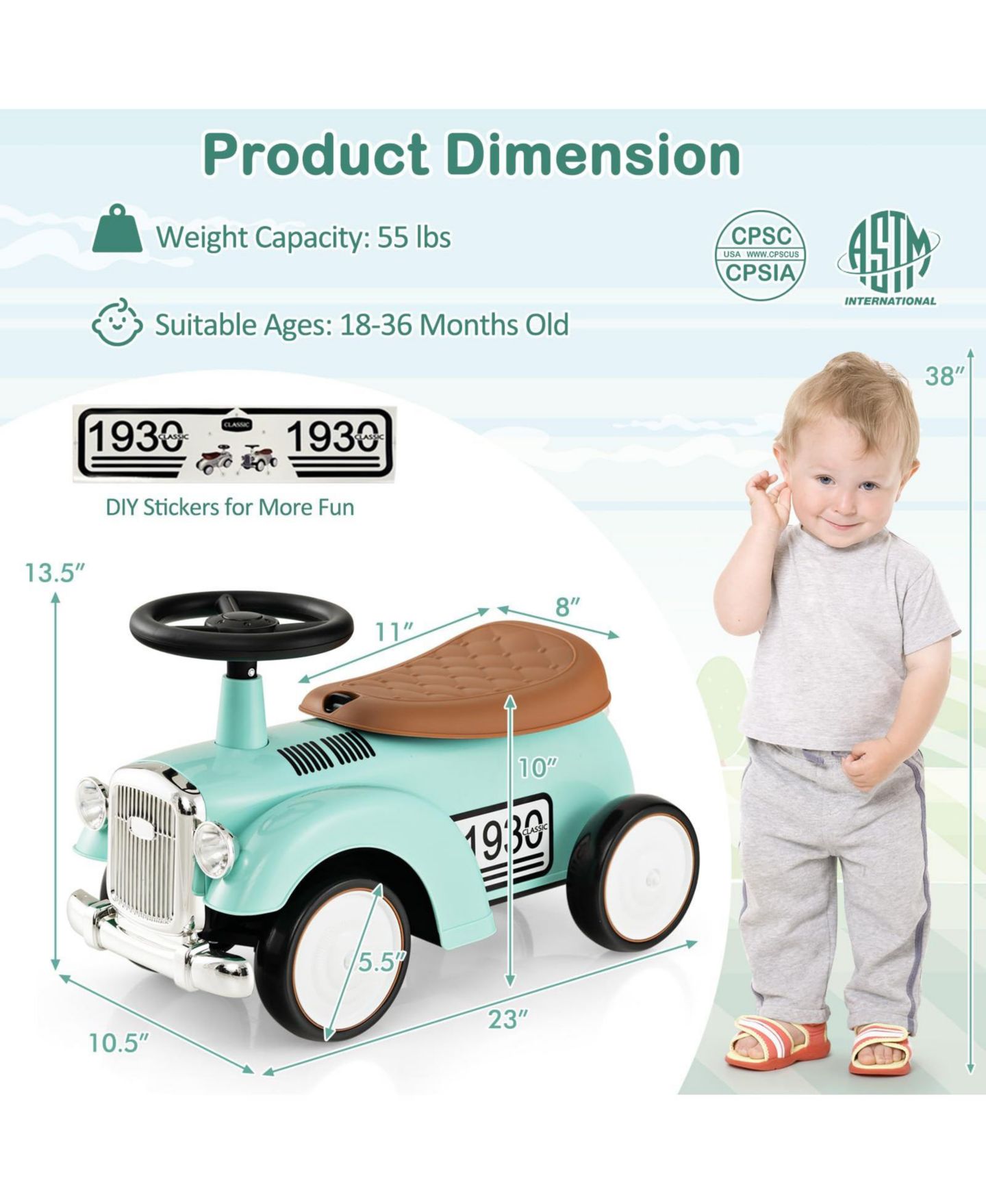 Детская игрушка Mecale Kids Sit to Stand Vehicle with Working Steering Wheel and Under Seat Storage, цвет: Зелёный — фото 3