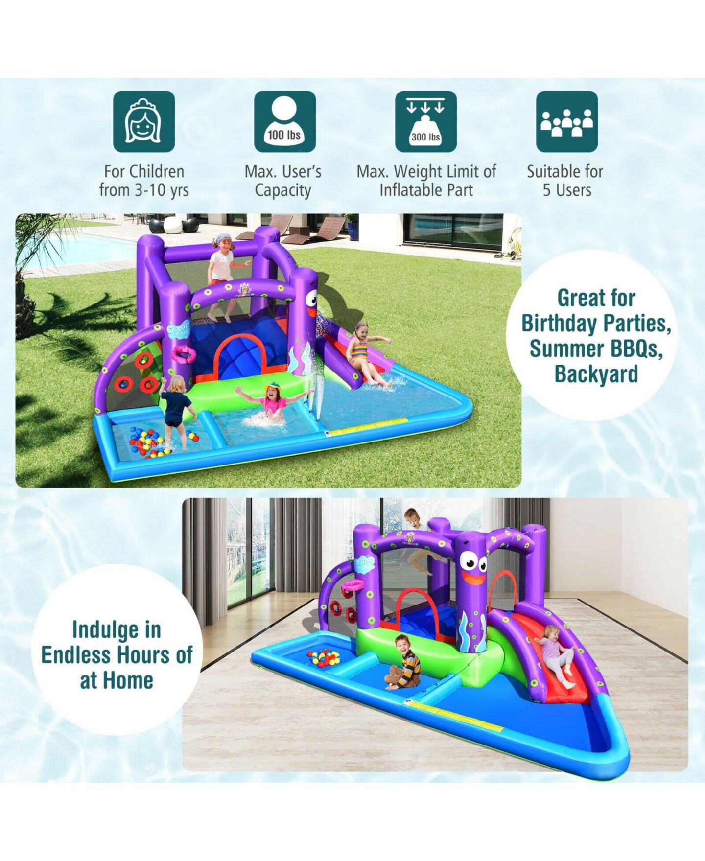 Детская игрушка Mecale Inflatable Water Slide Park with Splash Pool, 750W Blower, Accommodates 5 Kids, Ages 3-10, цвет: Фиолетовый — фото 4