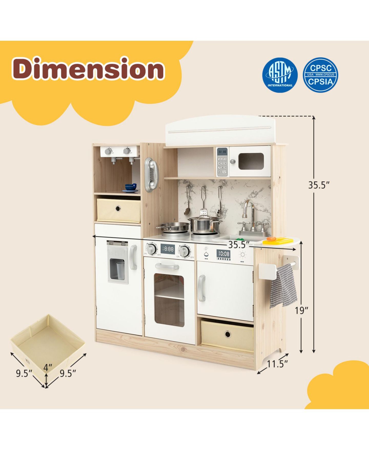 Детские игрушки Mecale Wooden Adjustable LED Lights Removable Fabric Bins 19-Piece Play Kitchen, Ages 3+, цвет: Белый — фото 3