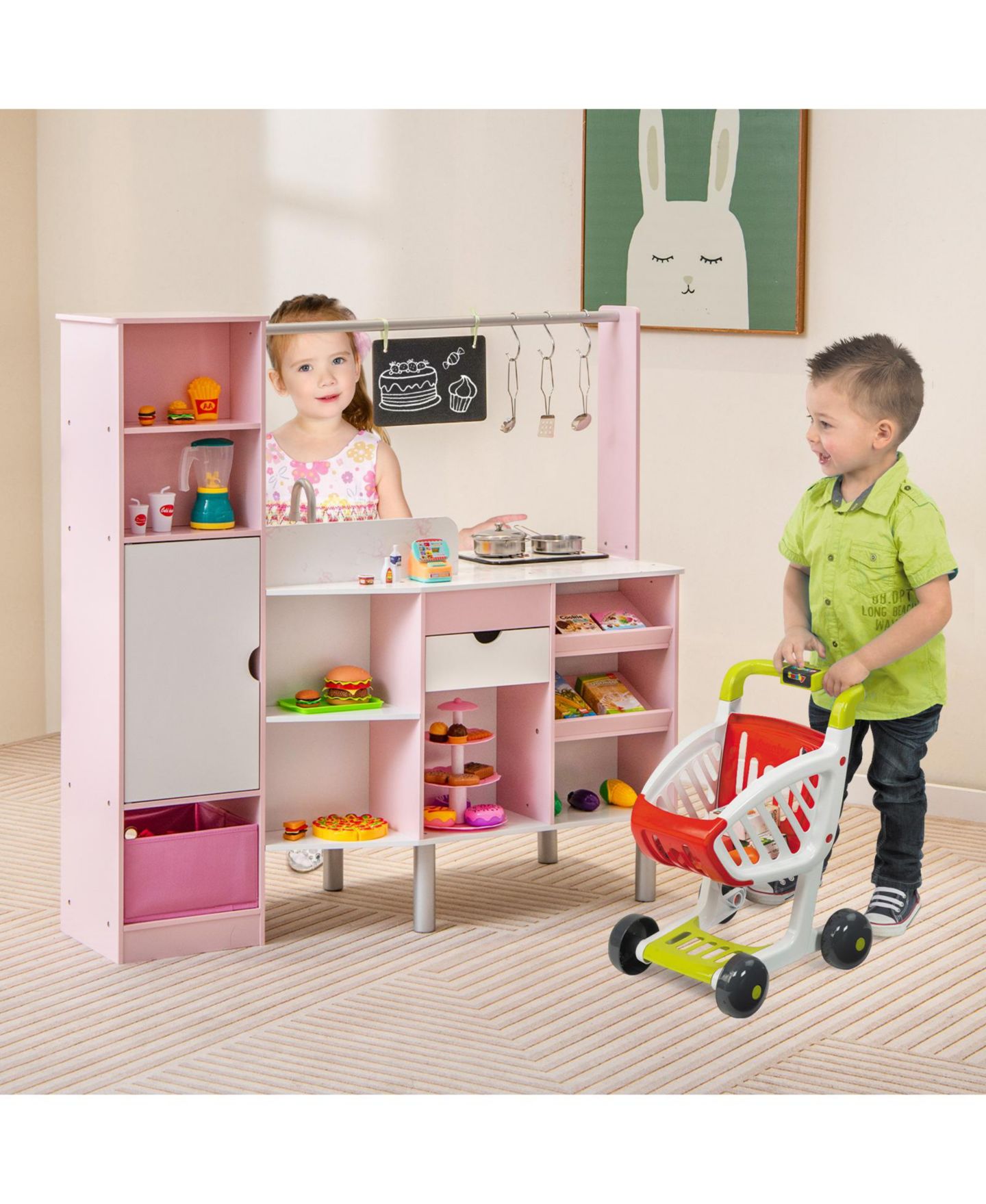 Детская игрушка Mecale 2-in-1 Double-Sided Kitchen and Market with Light and Sound, 82-Piece Playset, Ages 3+, цвет: Розовый — фото 2