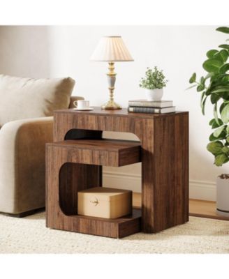 Nesting End Table Set, Walnut Side Table for Living Room, Night Stand Set for Bedroom, Small Spaces