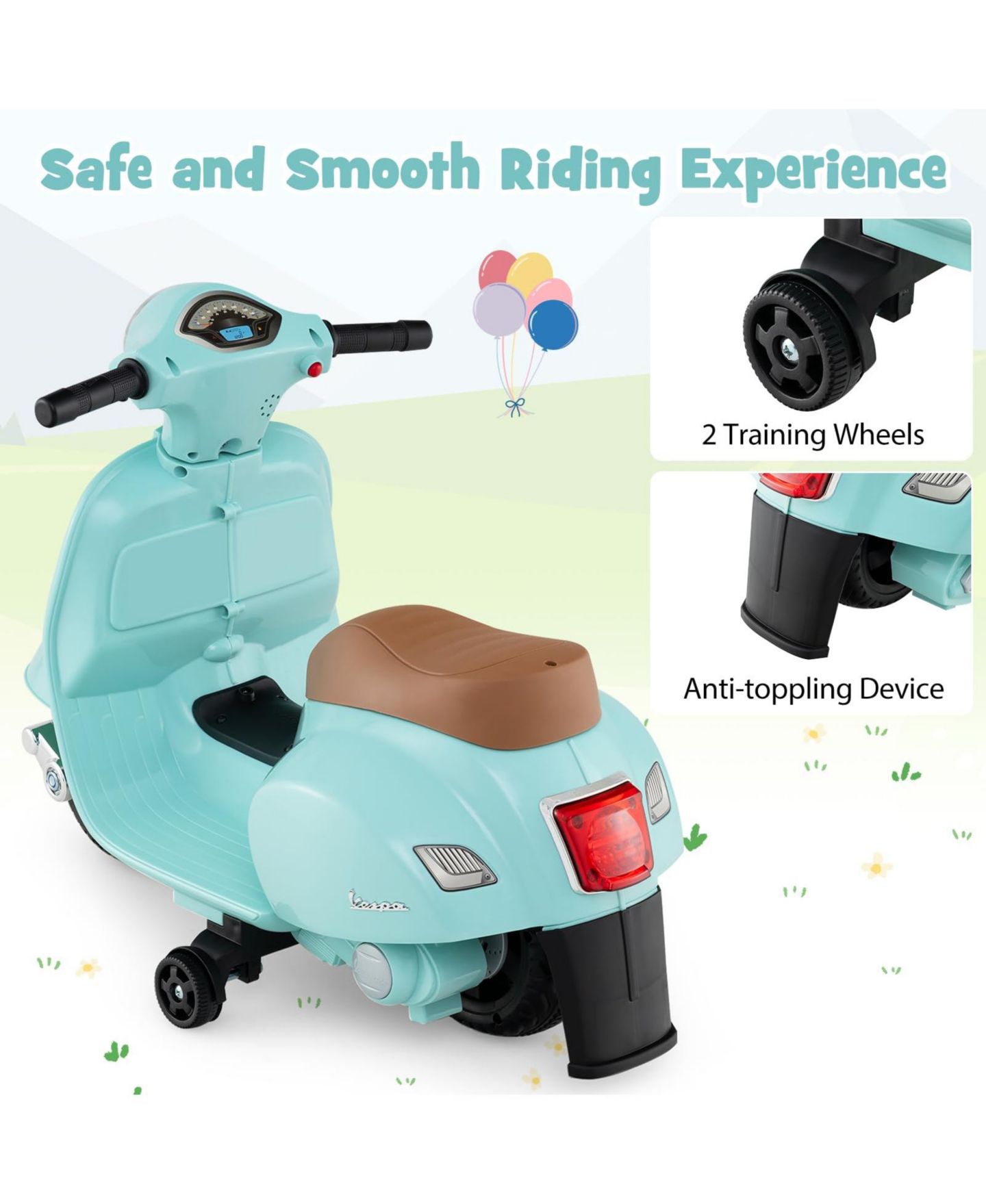 Детская игрушка Mecale Vespa Kids Ride-On Motorcycle with LED Headlight, Horn, and Training Wheels, Ages 18-36 Months, цвет: Синий — фото 5