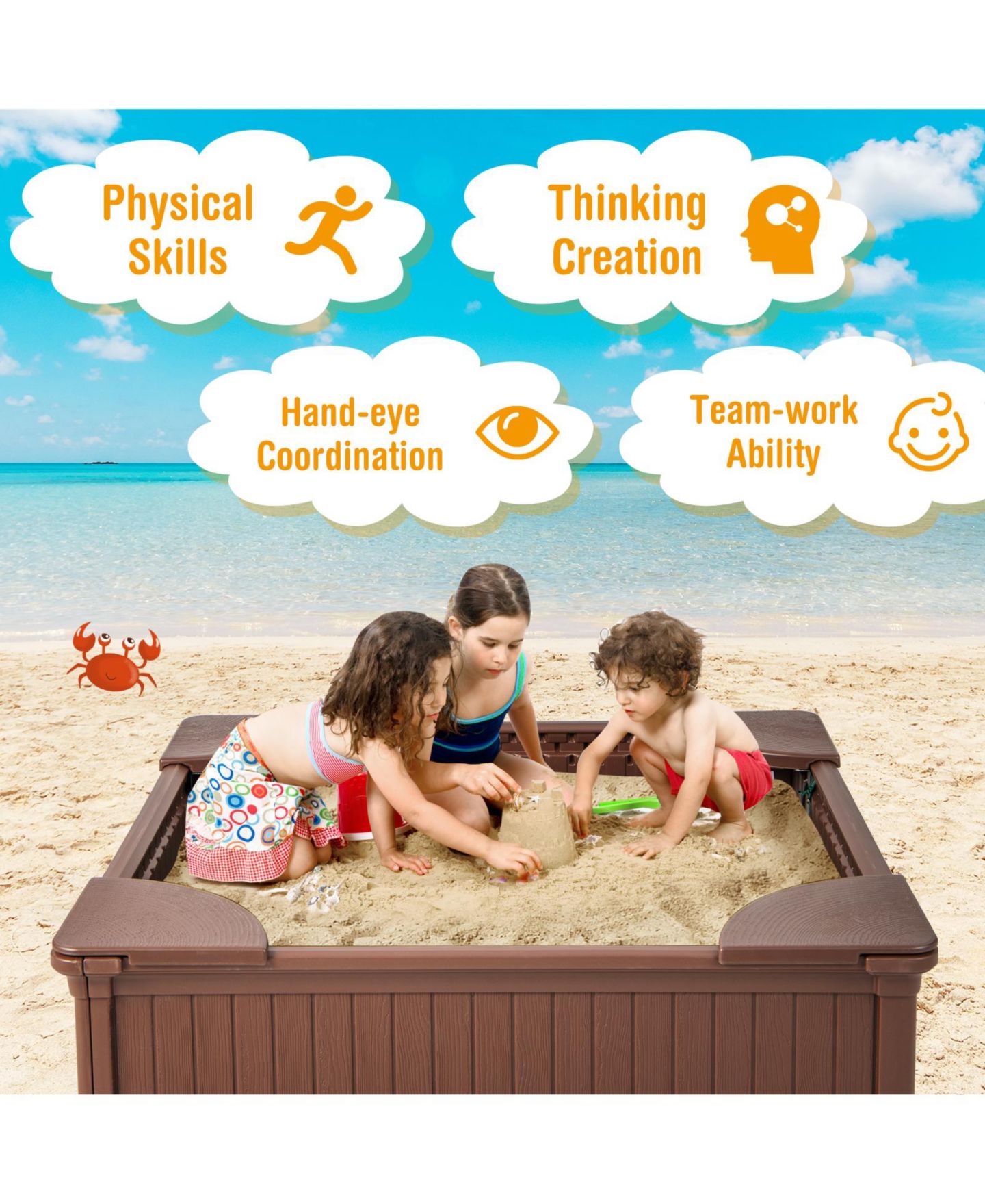Детская игрушка Mecale Kids Outdoor Sandbox with Oxford Cover and 4 Corner Seats, цвет: Коричневый — фото 8