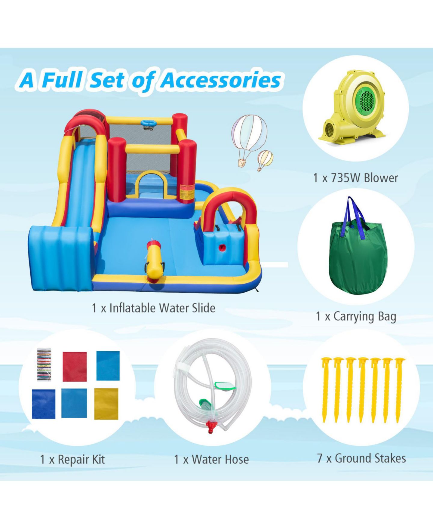 Детские игрушки Mecale 7 in 1 Outdoor Inflatable Bounce House with Water Slides and Splash Pools without Blower, цвет: Синий — фото 4