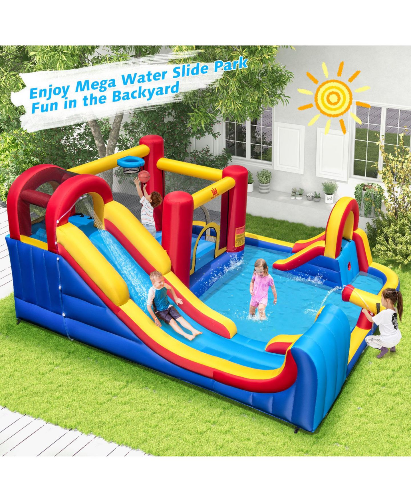 Детские игрушки Mecale 7 in 1 Outdoor Inflatable Bounce House with Water Slides and Splash Pools with 950W Blower, цвет: Синий — фото 10