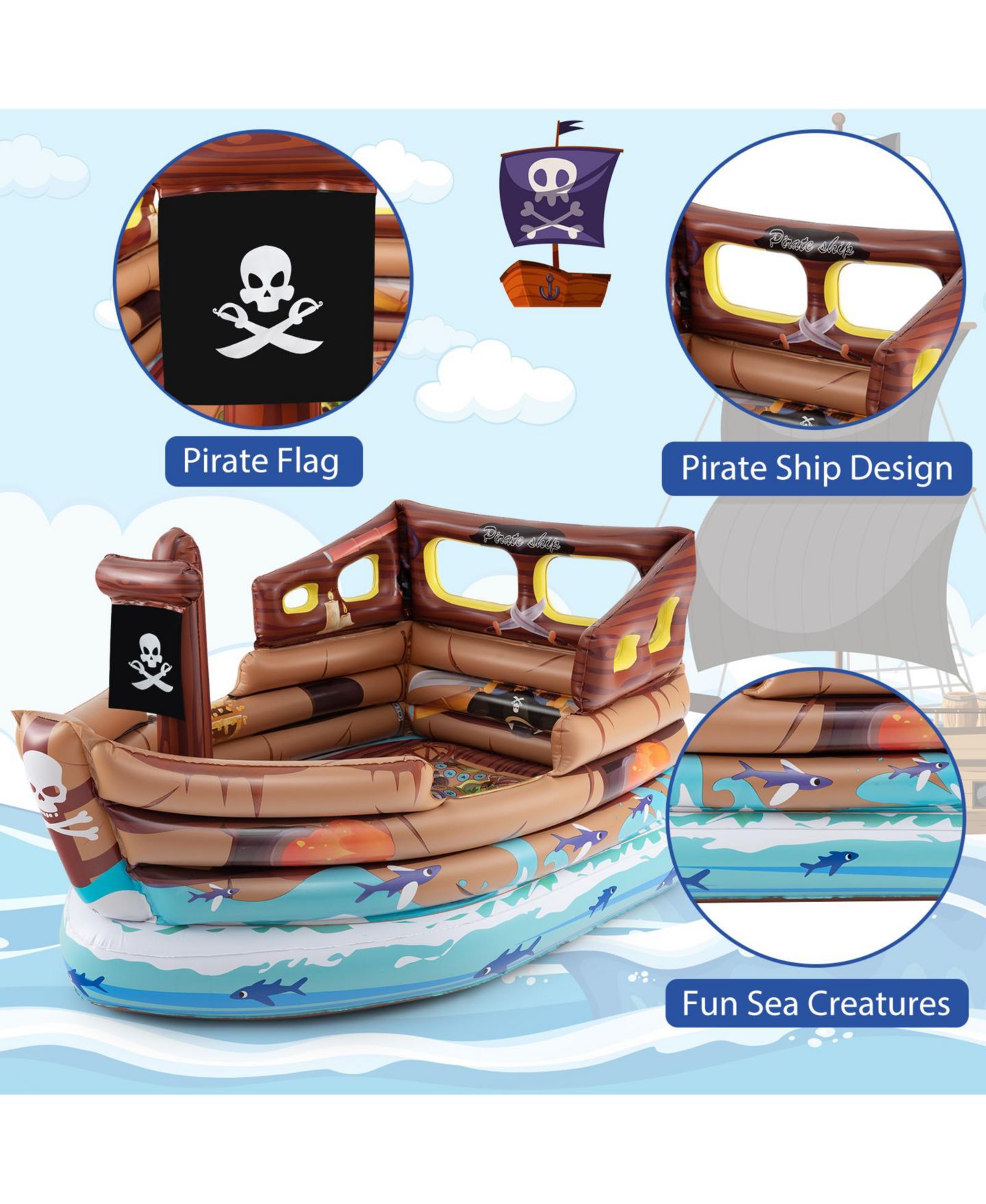 Детские игрушки Mecale Pirate Inflatable Built-in Motor 3-Piece Playhouse, Ages 3+, цвет: Коричневый — фото 2