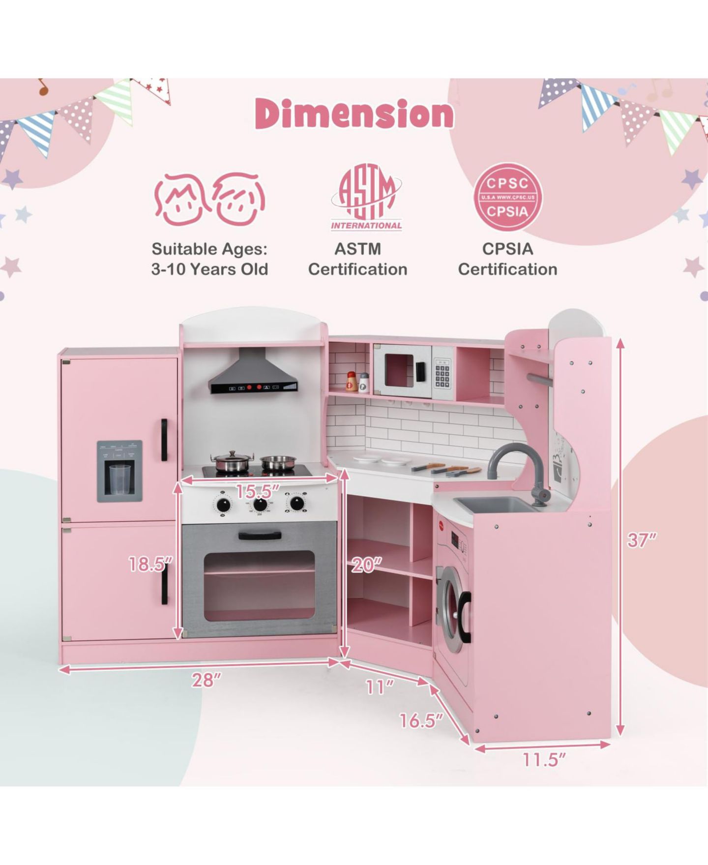 Детская игрушка Mecale Corner Wooden Play Kitchen, Ages 3+, цвет: Розовый — фото 3