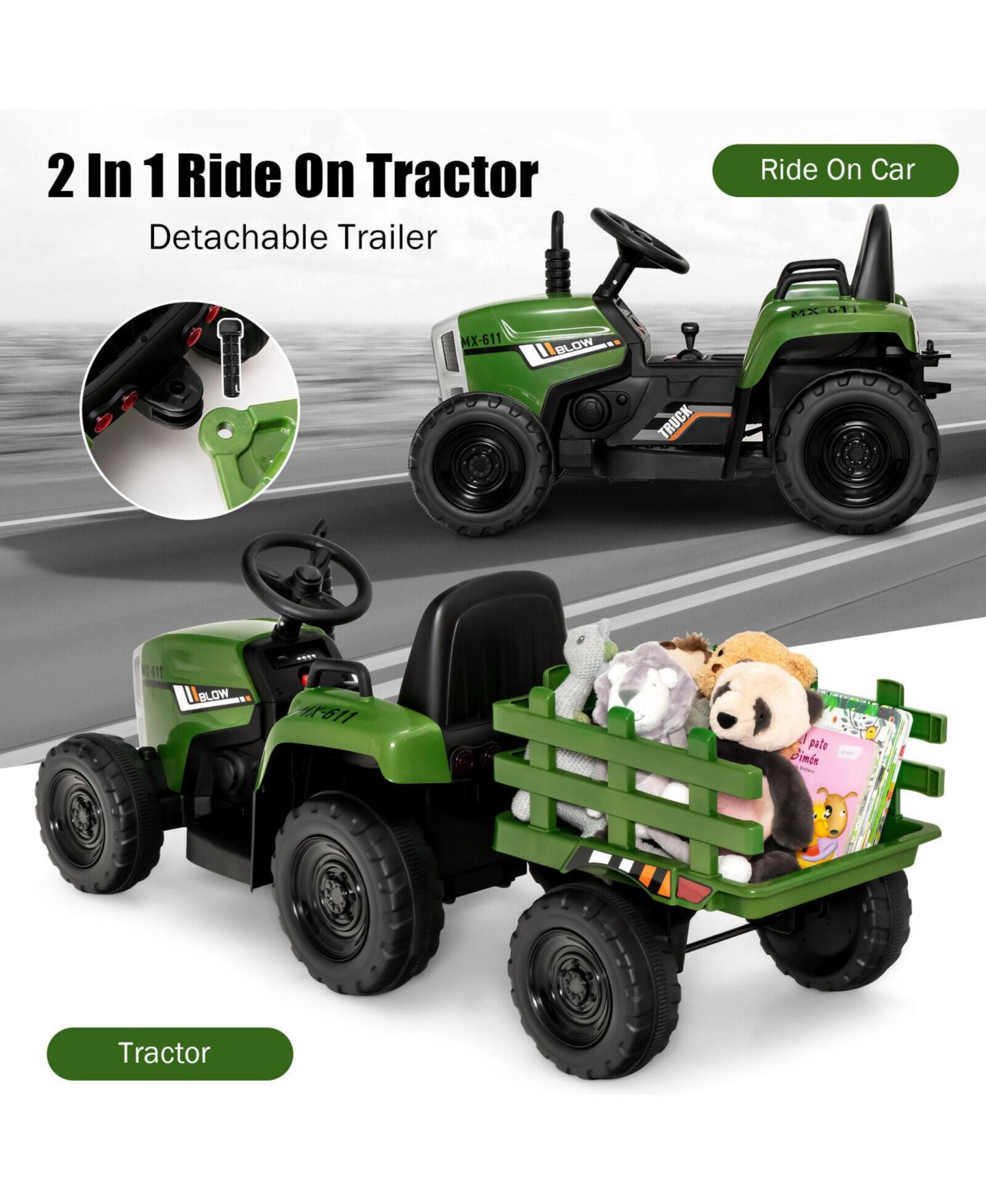 Детская игрушка Mecale 12V Ride on Tractor with 3-Gear-Shift Ground Loader for Kids 3+ Years Old, цвет: Зелёный — фото 8