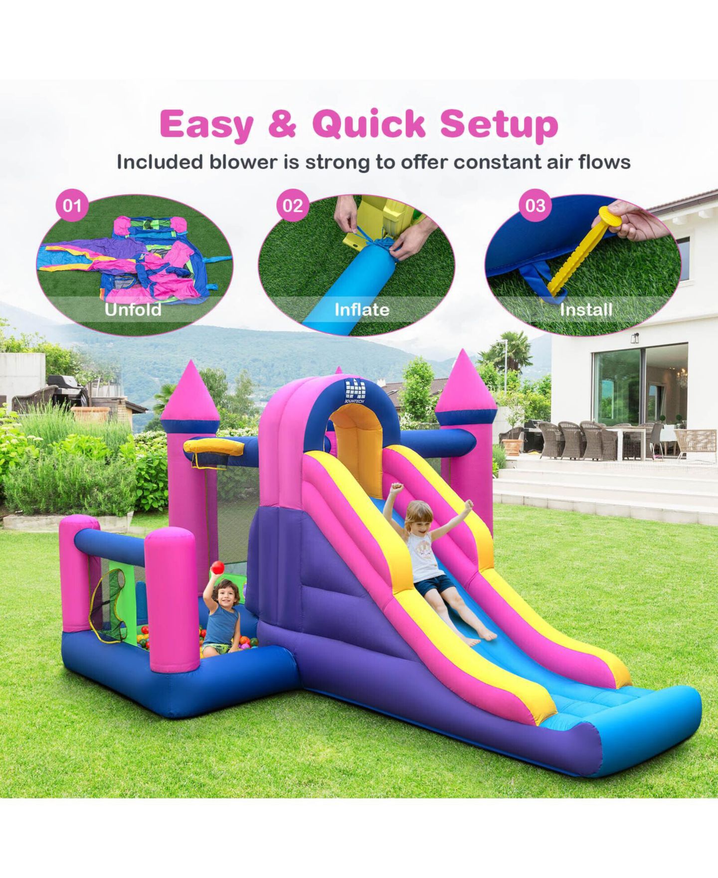 Детская игрушка Mecale 7-in-1 Inflatable Bounce House with Long Slide, 11' x 10', Accommodates 3 Kids, Ages 3-10, цвет: Фиолетовый — фото 9