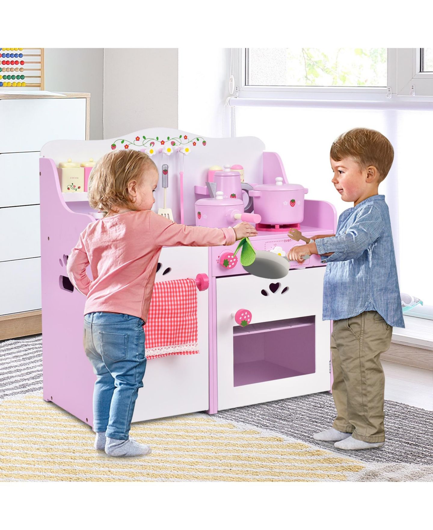 Детский игровой набор Mecale Strawberry Wooden Play Kitchen Playset, Ages 3+, цвет: Розовый — фото 2