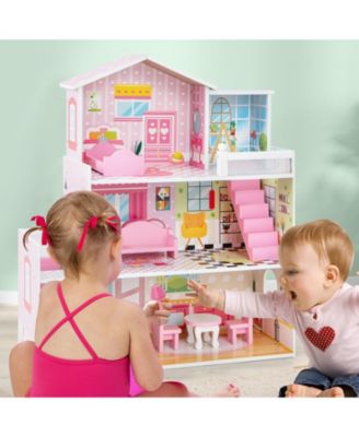 Kids Wooden Dollhouse Playset with 5 Simulated Rooms and 10 Pieces of Furniture