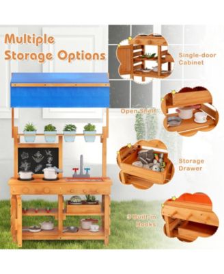 Wooden Pretend Play Kitchen with Height Adjustable Canopy for Kids