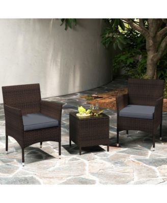 3 Pieces Outdoor Conversation Set with Cushioned Seat and Glass Tabletop