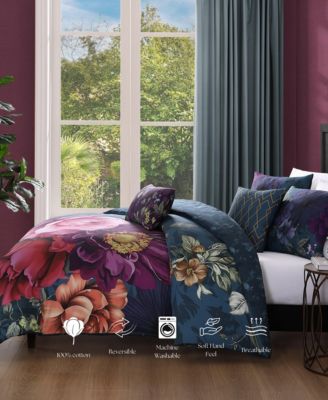 Vibrant Flora Bedding 100% Cotton Sateen 5 Piece Queen Size Reversible Comforter Set