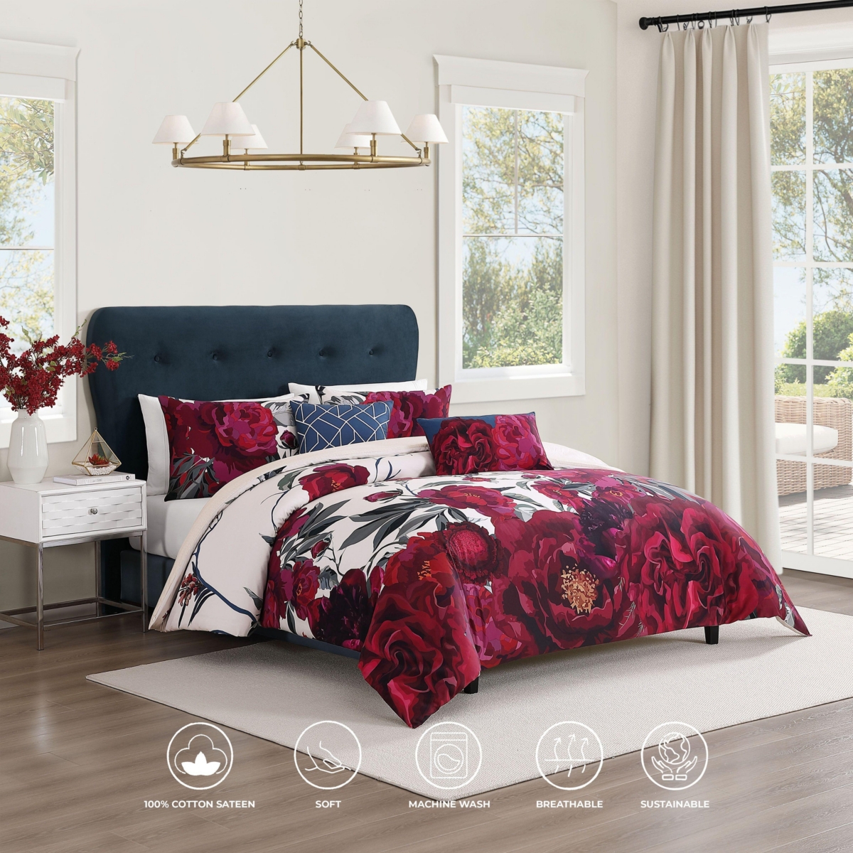 Bebejan Zinnia Bedding 100% Cotton Sateen 5 Piece King Size Reversible Comforter Set