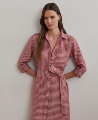 Women's Striped Linen Roll-Tab-Sleeve Shirtdress, 0P-22W