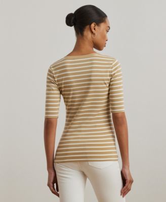 Women's Striped Elbow-Sleeve Henley Top