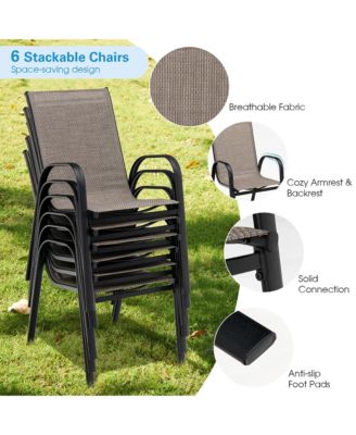 7PCS Patio Dining Furniture Set w/ 6 Stackable Armchairs & Umbrella Hole