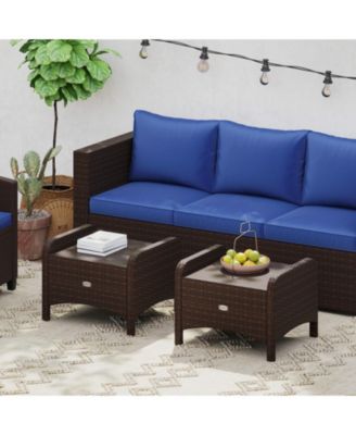2 Pieces Outdoor Patio PE Wicker Ottomans with Removable Cushions-Navy