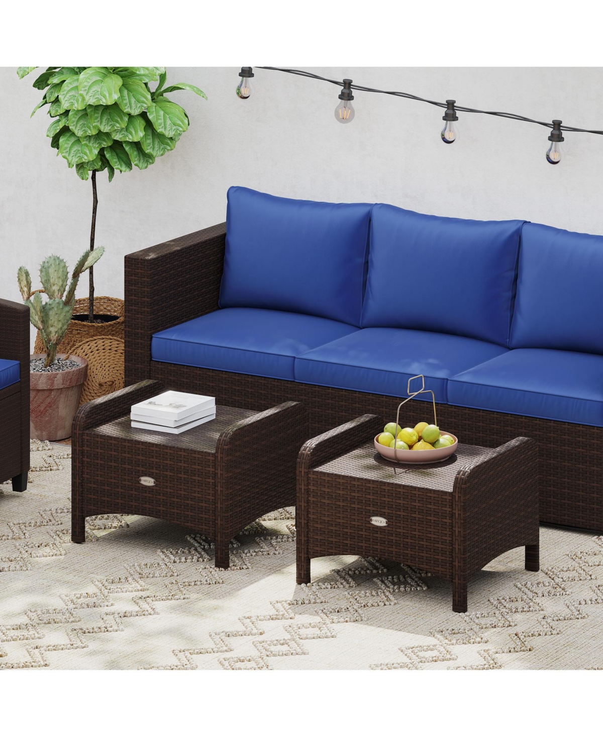 2 Pieces Outdoor Patio Pe Wicker Ottomans with Removable Cushions-Navy
