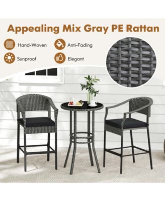3-Piece Patio Rattan Bar Set with Tempered Glass Top for Backyard Poolside-Gray