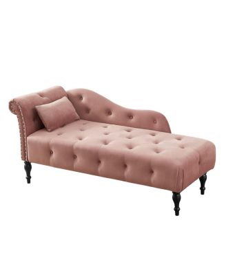 60 Inch Velvet Tufted Chaise Lounge with Nailhead Trim Solid Wood Legs and Pillow for Living Room Bedroom Reading or Relaxing