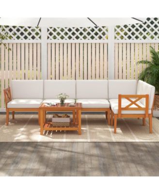 6 Pieces Acacia Wood Patio Furniture Set with Cushions and 2-Tier Coffee Table-White