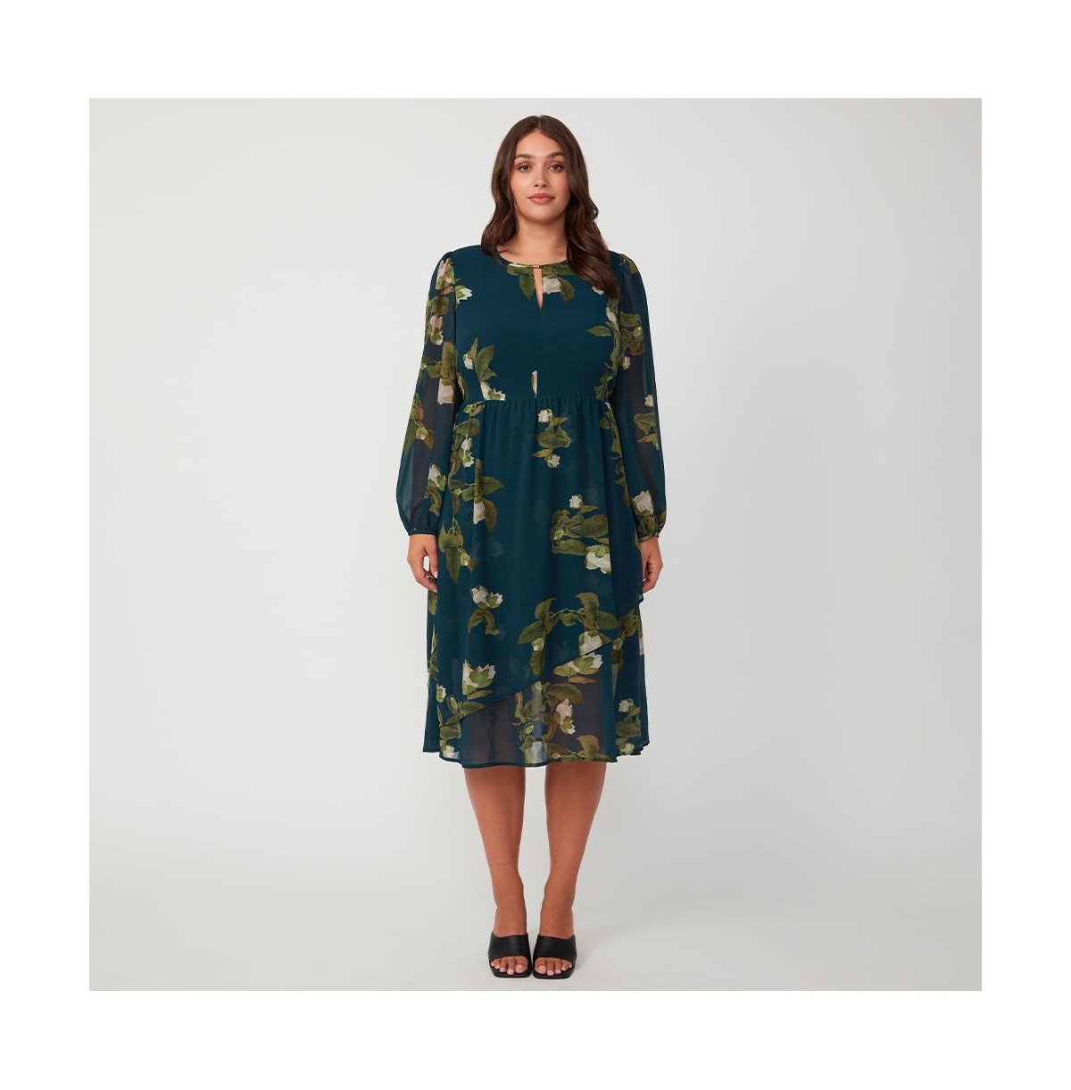 Summit Bloom Navy Long Sleeve Midi Dress - Print
