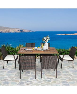 7PCS Patio Dining Furniture Set w/ Wooden Tabletop Cushion Umbrella Hole