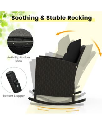 3-Piece Patio Rattan Roker Chairs with Tempered Glass Table and Soft Cushions-Black