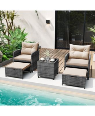 5 Piece Patio Rattan Furniture with 2 Ottomans and Tempered Glass Coffee Table