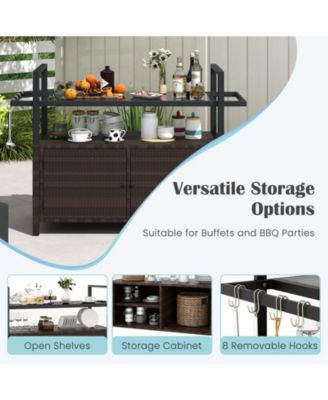 Outdoor Bar Cart Wicker Buffet Serving Cart with Cabinet and 8 Hooks