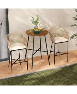 3 Pieces Rope Woven Patio Bar Set with Soft Cushions and Acacia Wood Tabletop