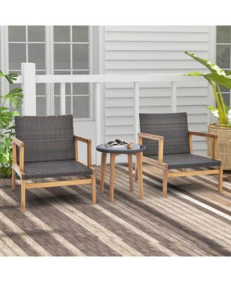 3 Pieces Patio Furniture Set with Cushioned Chairs and Tempered Glass Side Table-Brown