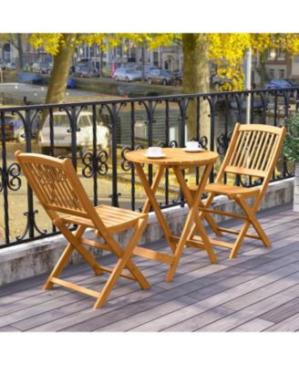 3 Pieces Acacia Wood Patio Folding Bistro Set with Soft Cushions-Beige
