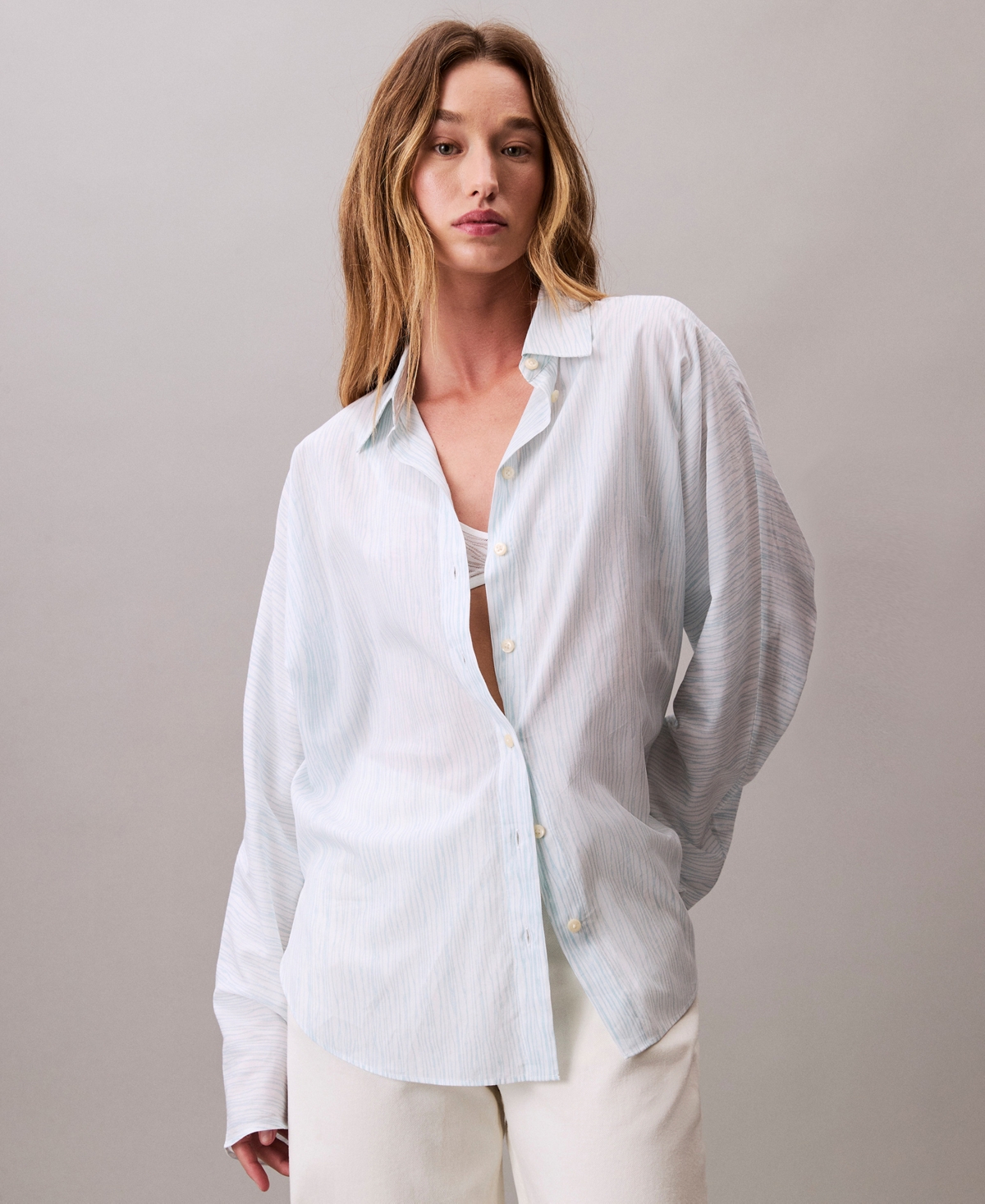Calvin Klein Women's Stripe Dolman Sleeve Relaxed Button-down Shirt