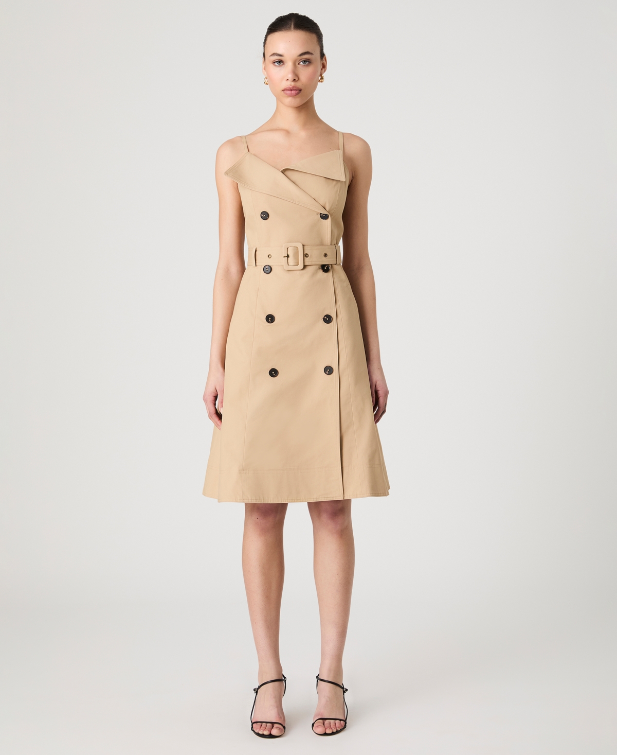 Women's Light Weight Cotton Belted Trench Fit & Flare Dress - Khaki